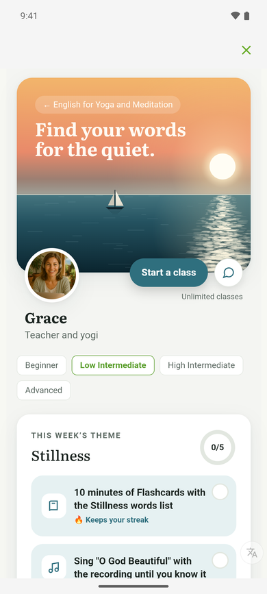 The Guide home for the English for Yoga and Meditation community, with Grace and this week's theme, Stillness