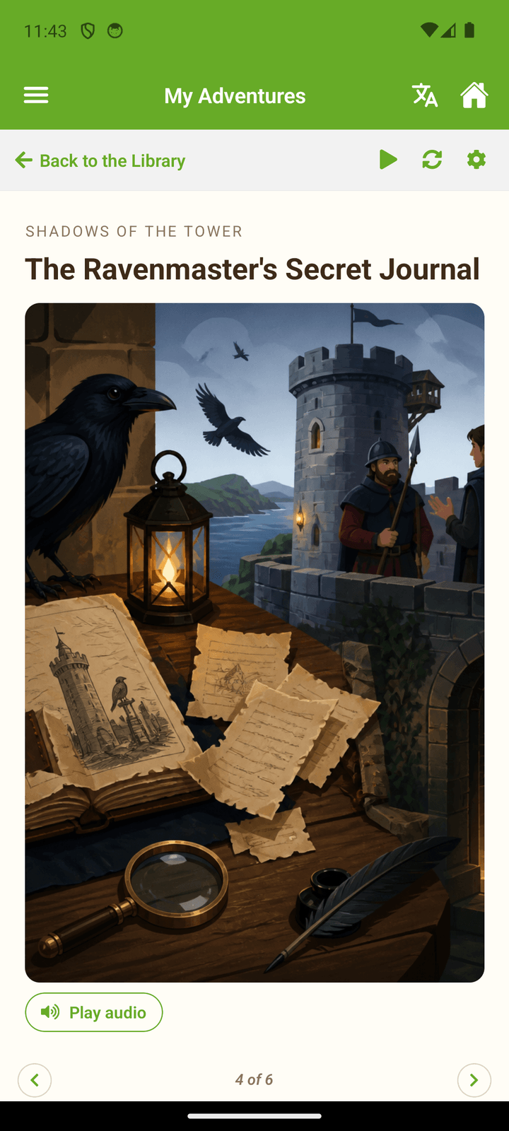 O app Natural Fluency em um celular, mostrando uma página ilustrada do Livro da Jornada