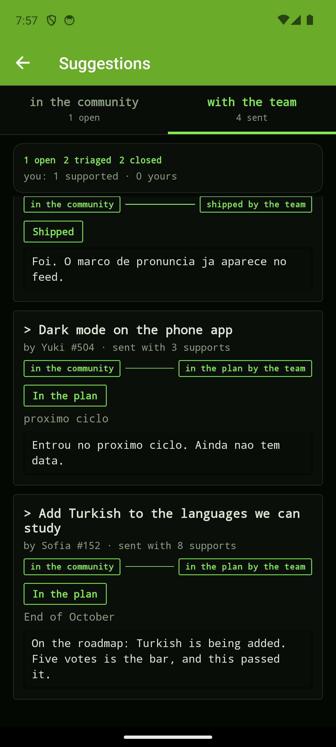 The Ideas screen on a phone: "Add Turkish to the languages we can study", 8 supports, on the roadmap for the end of October