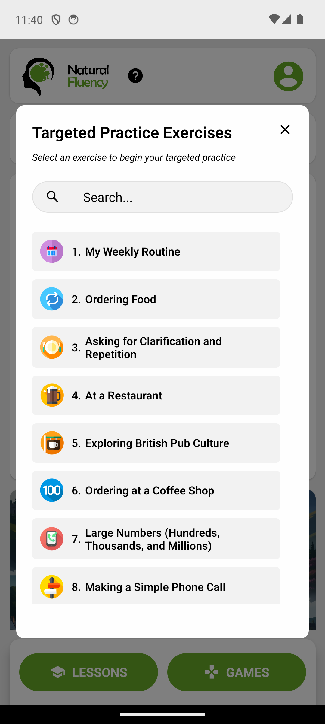 The Targeted Practice picker on a phone