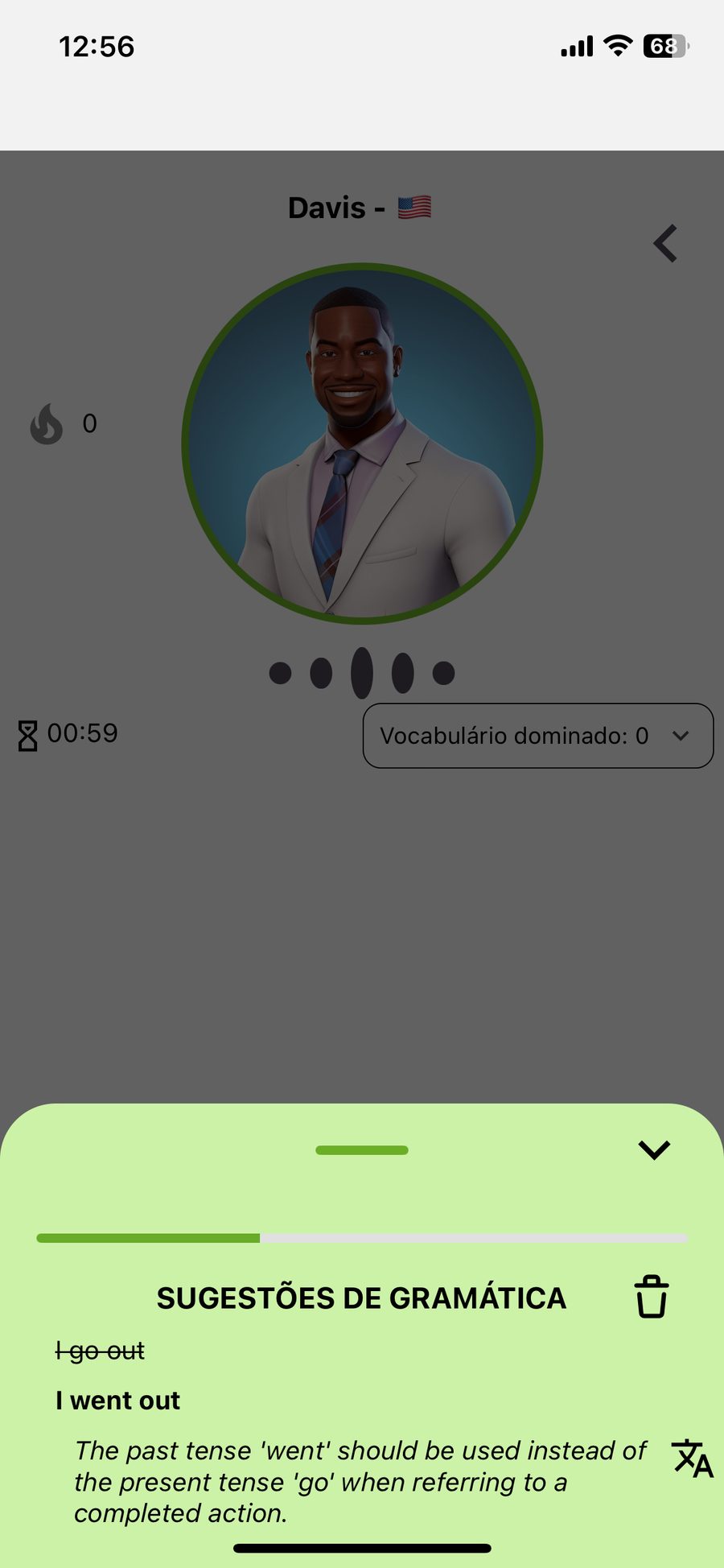 Uma ficha de correção mostrada ao lado da conversa durante uma aula