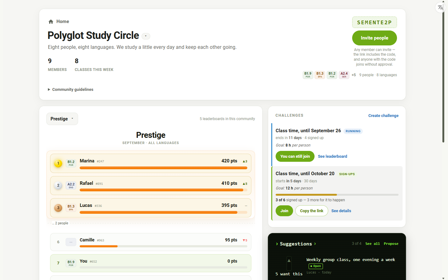 A community page: the feed, the leaderboard and this week's challenge