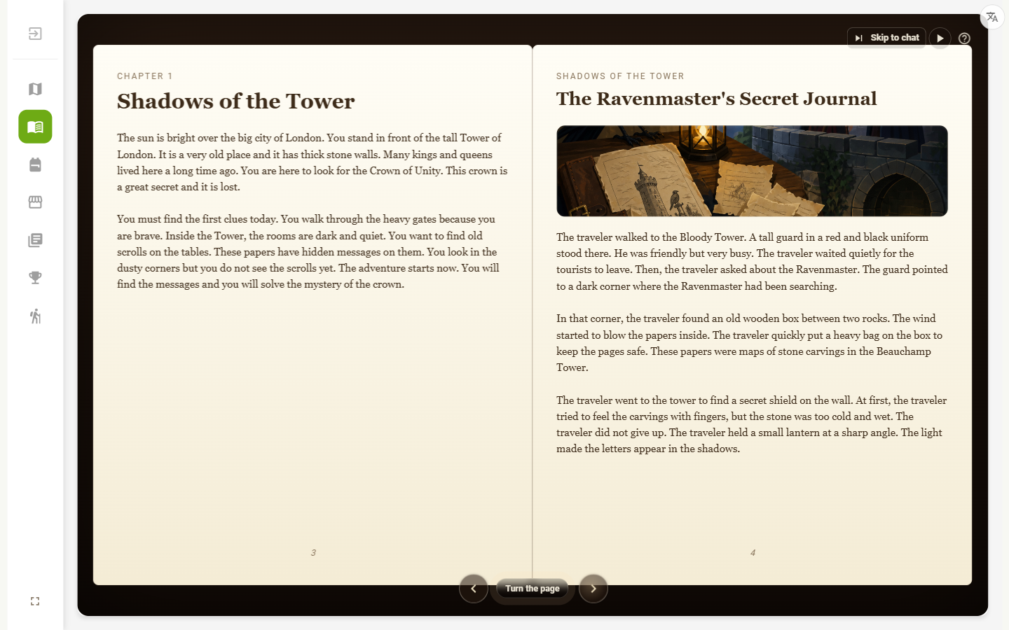 An open Journey Book with an illustrated page