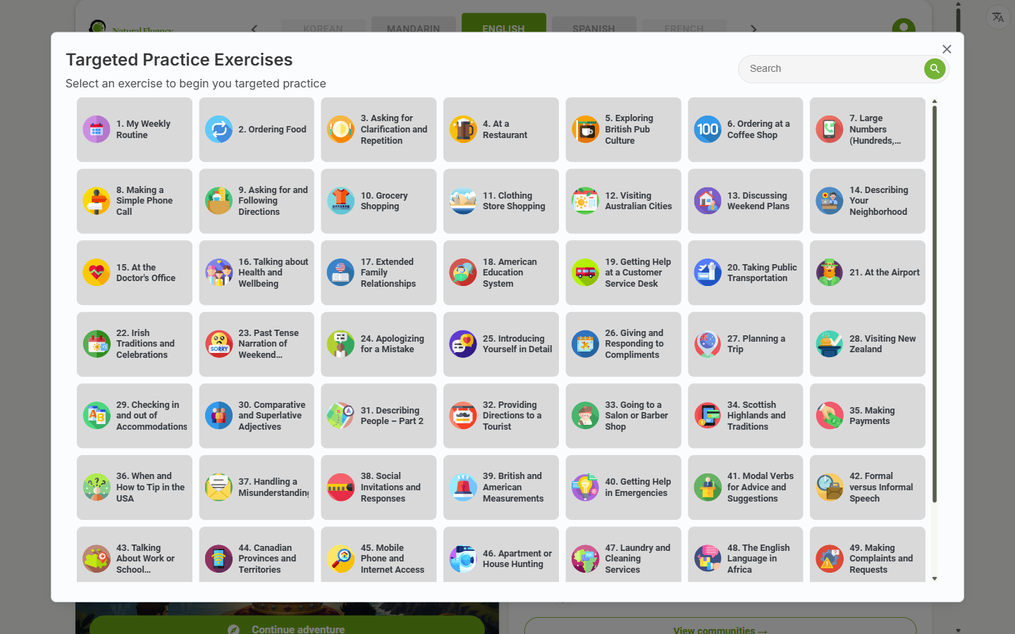 The Targeted Practice picker, with exercises to choose from